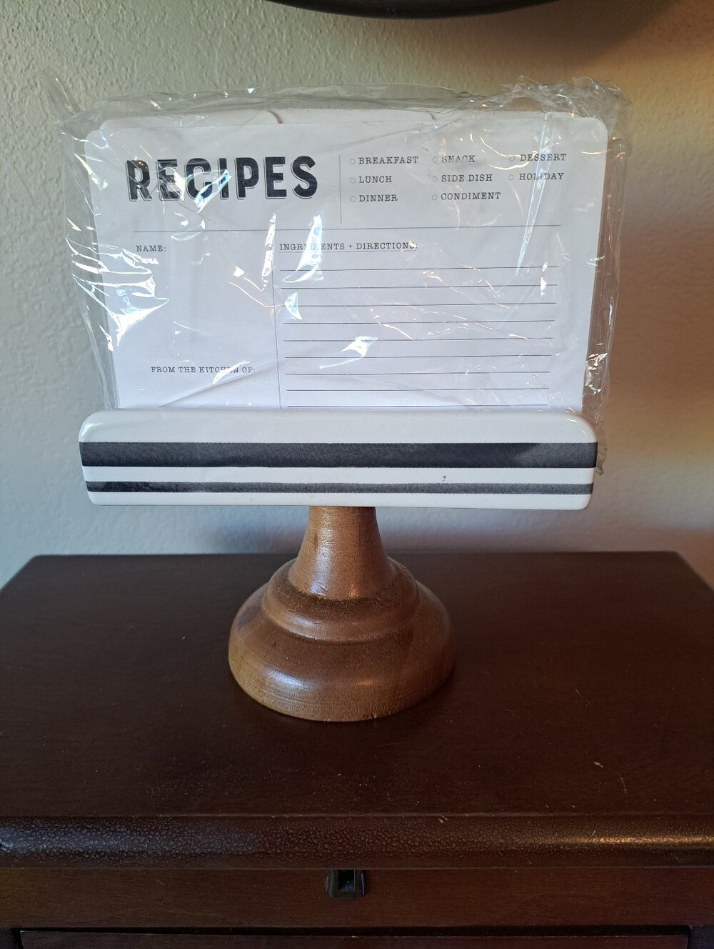 White & Blackish Strip Glazed Ceramic Recipe Holder On A Wood Pedestal- Red Shed